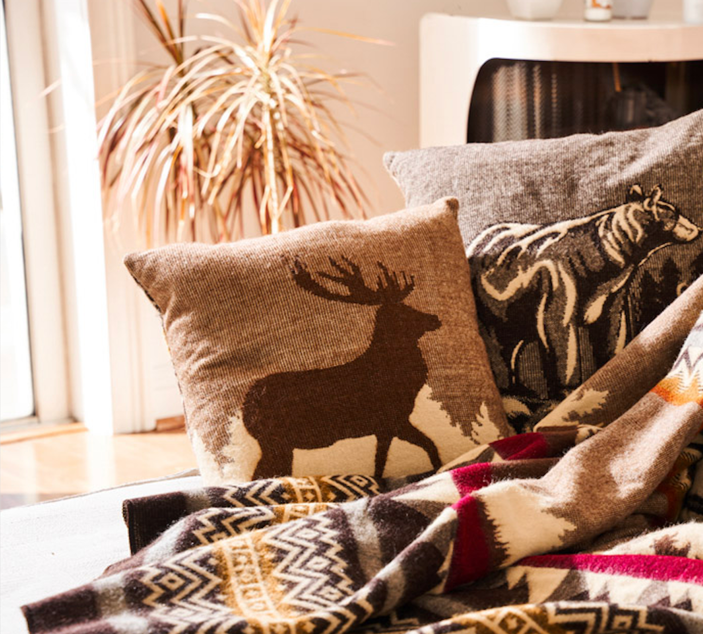 16" X 16" Brown And White Reindeer Zippered Acrylic Throw Pillow Cover