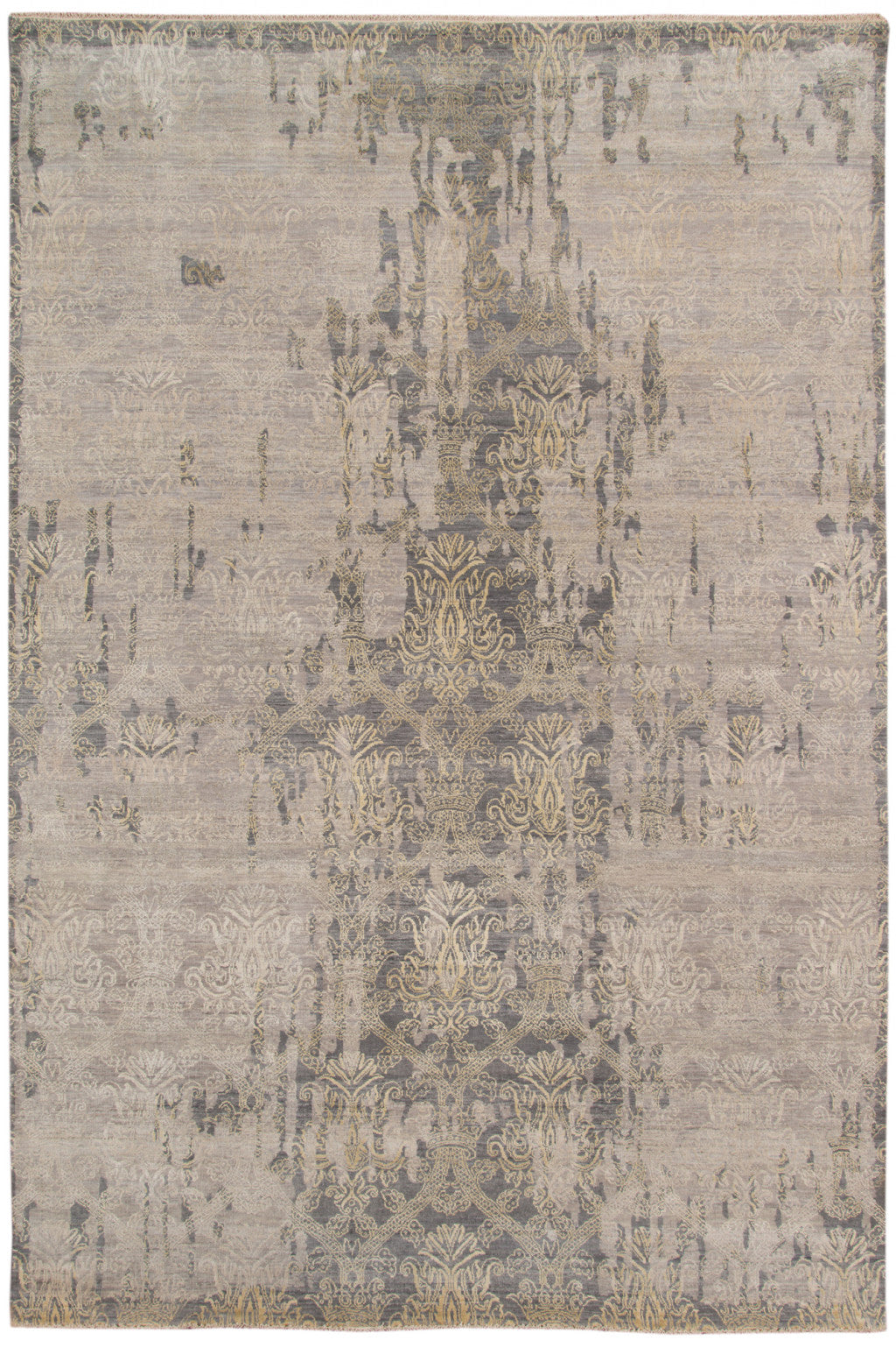 8' X 10' Gray Pearl New Zealand Lambs Wool Damask Distressed Area Rug With Fringe