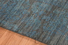 8' X 10' Dark Gray And Blue New Zealand Lambs Wool Damask Hand Knotted Area Rug With Fringe