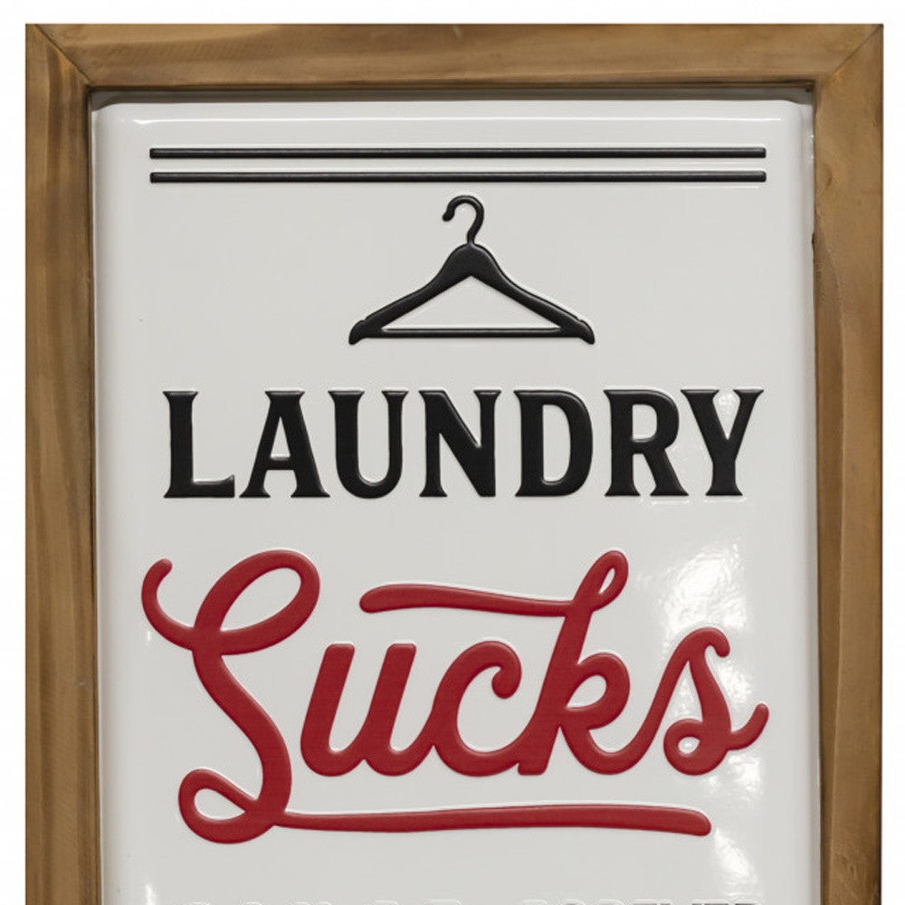 Black and Red Metal Wood Frame Laundry Sucks Laundry Room Wall Decor