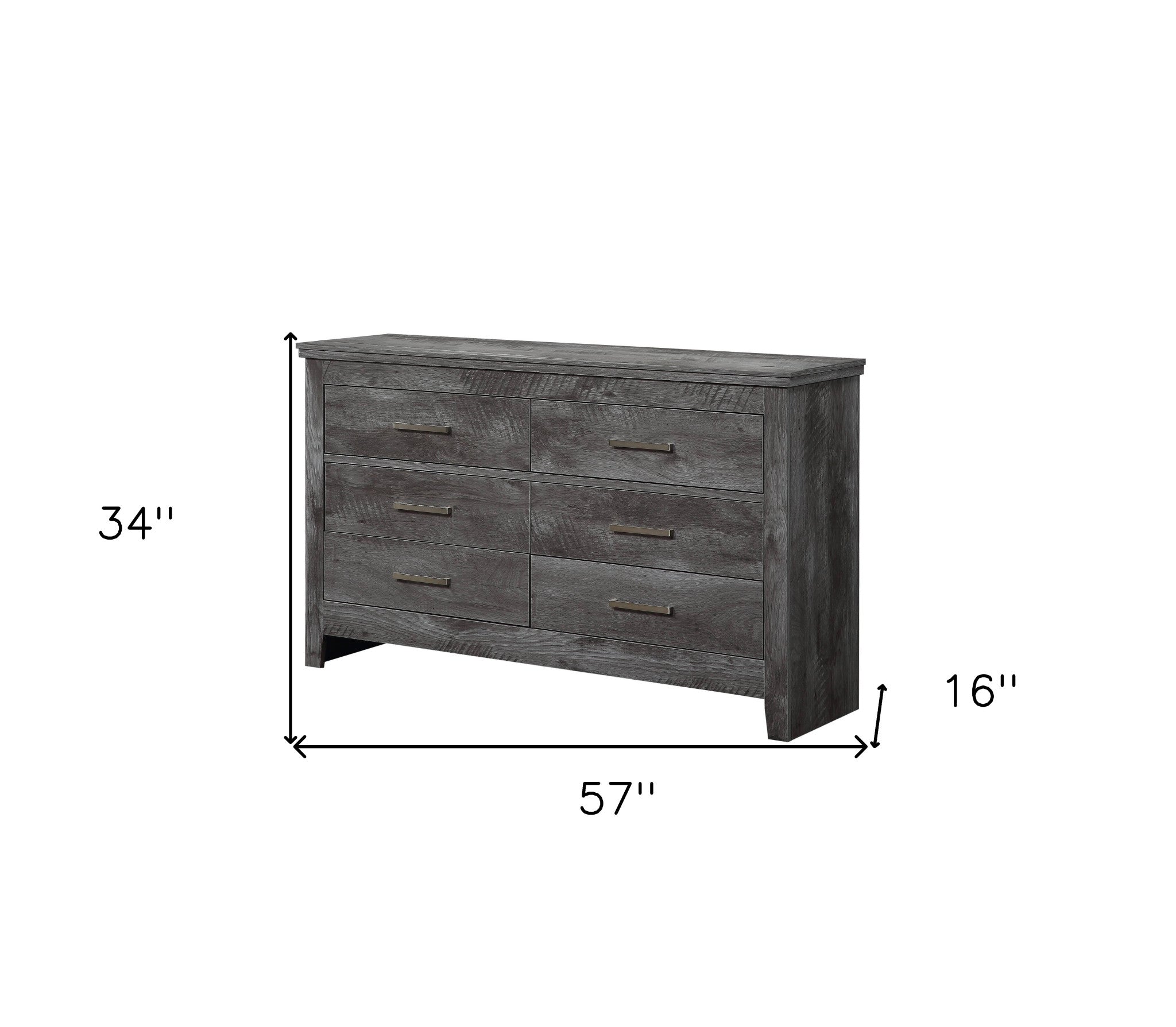 57" Gray Oak Solid Wood Six Drawer Double Dresser