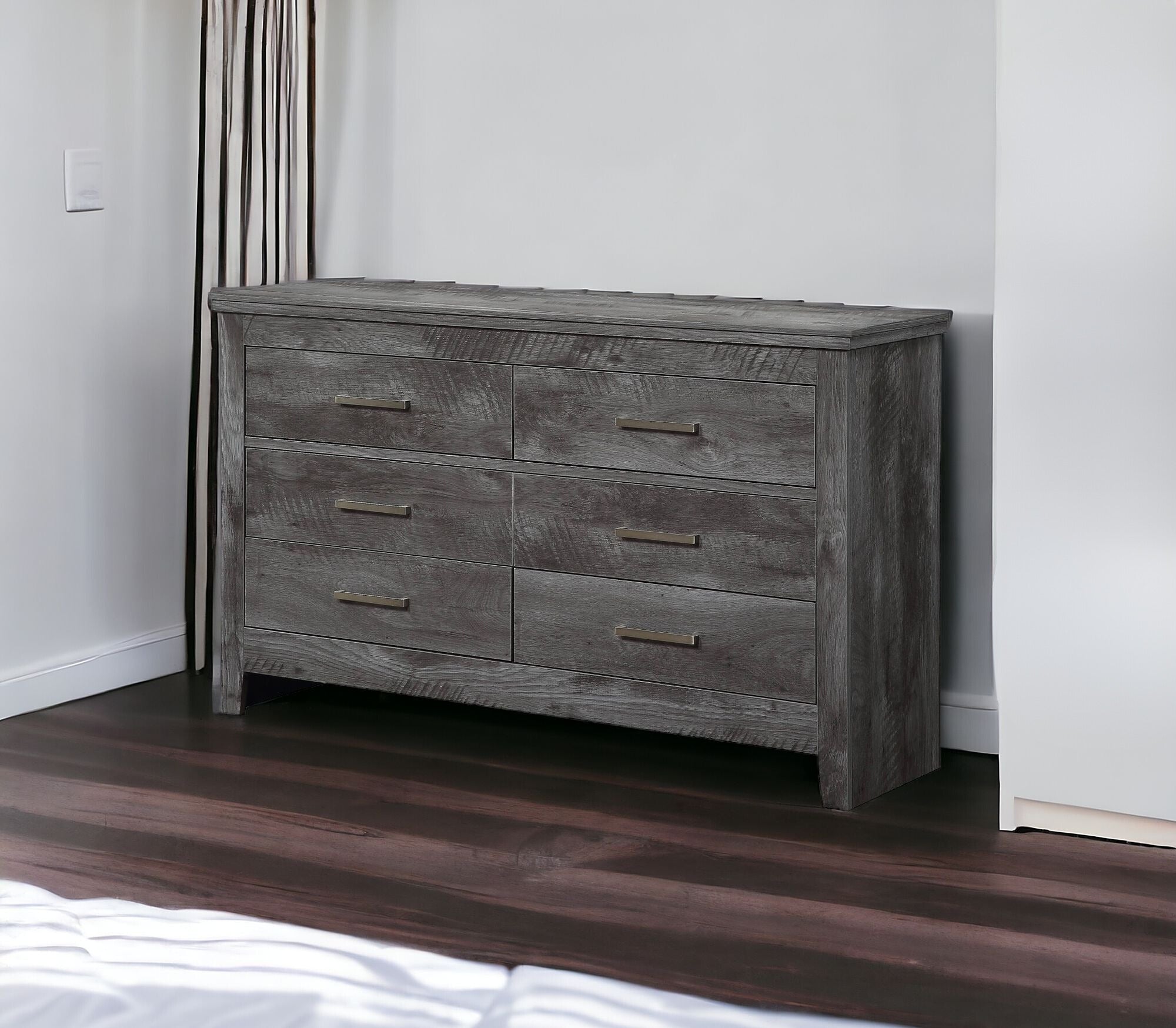 57" Gray Oak Solid Wood Six Drawer Double Dresser