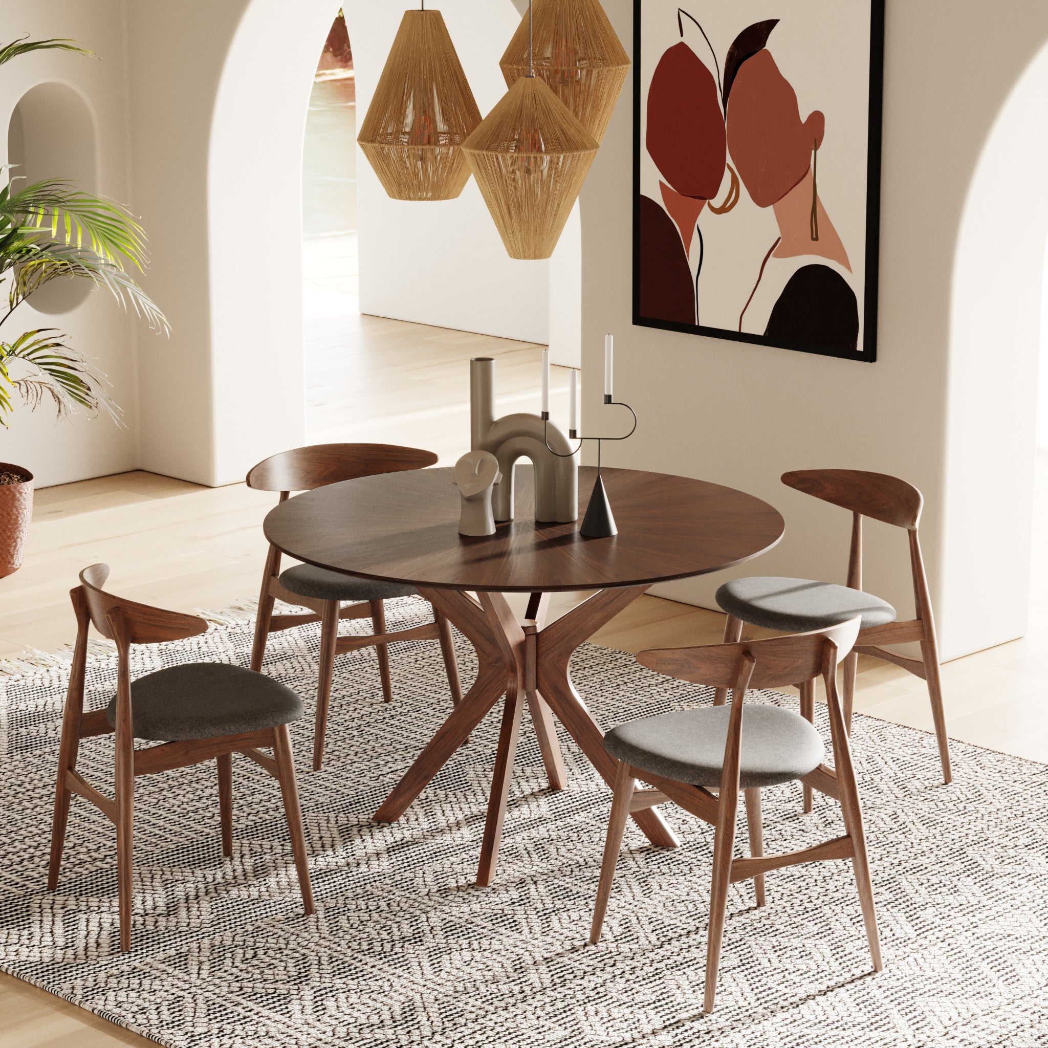 Walnut Round Sunburst Veneer Top Dining Table 47"