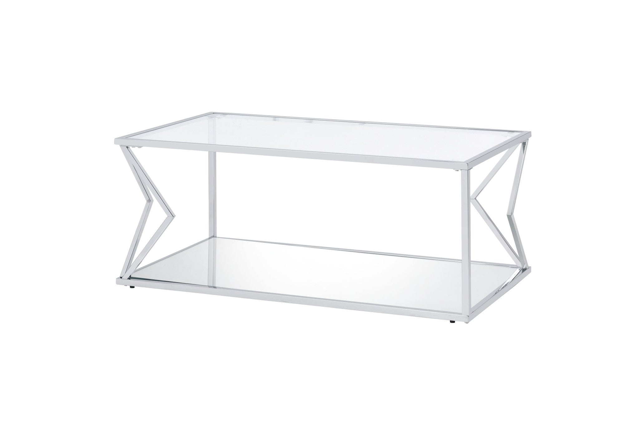Mesa de centro rectangular de 43" de cromo y vidrio transparente con estante