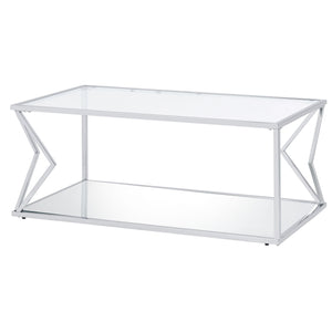 Mesa de centro rectangular de 43" de cromo y vidrio transparente con estante