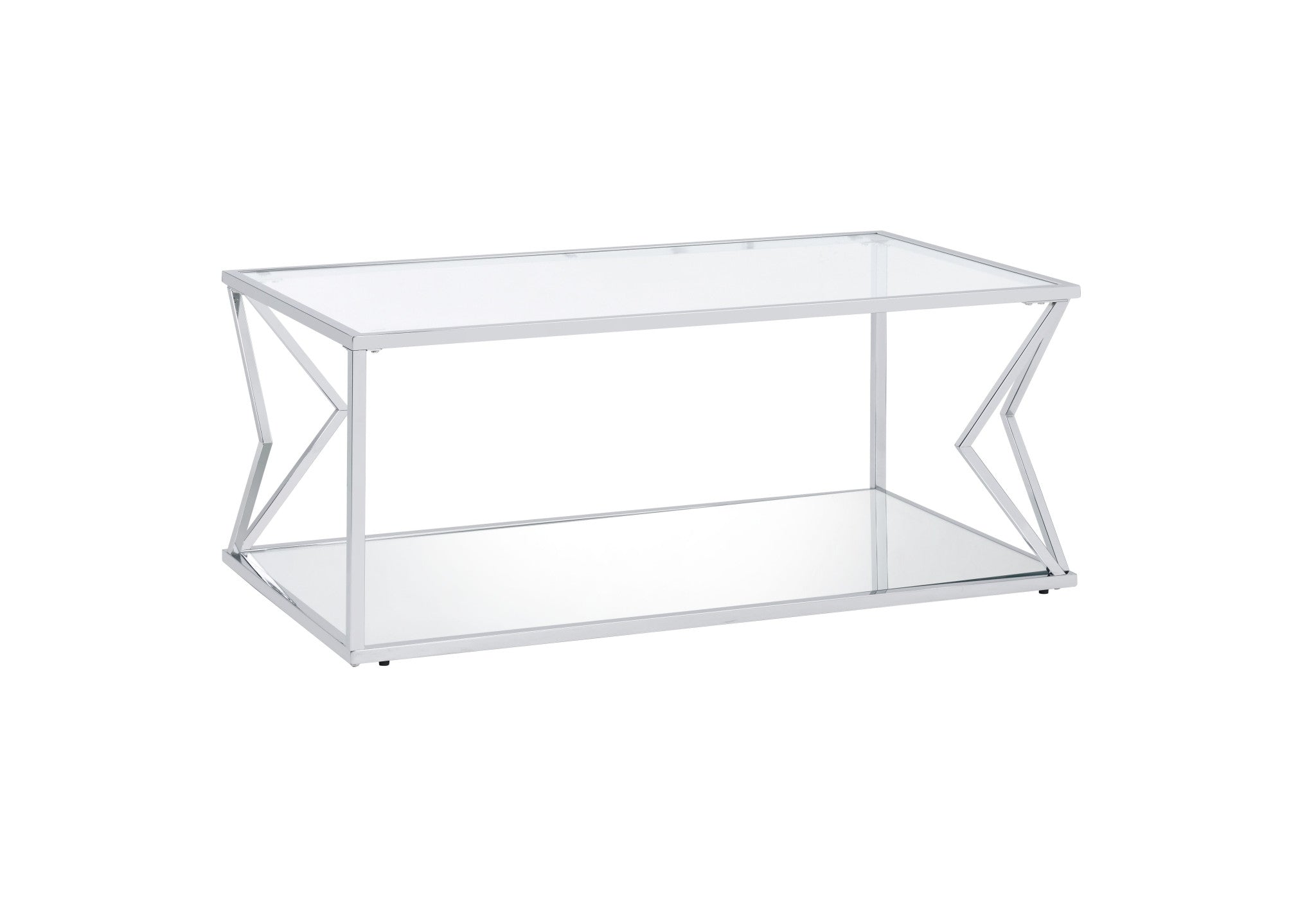 Mesa de centro rectangular de 43" de cromo y vidrio transparente con estante