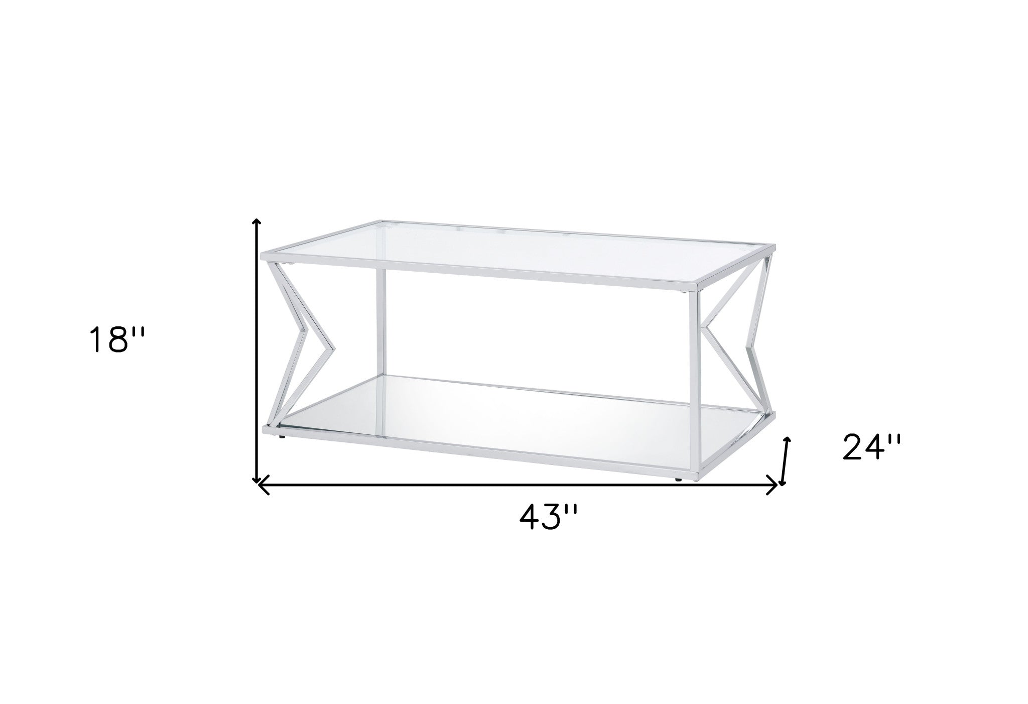 Mesa de centro rectangular de 43" de cromo y vidrio transparente con estante
