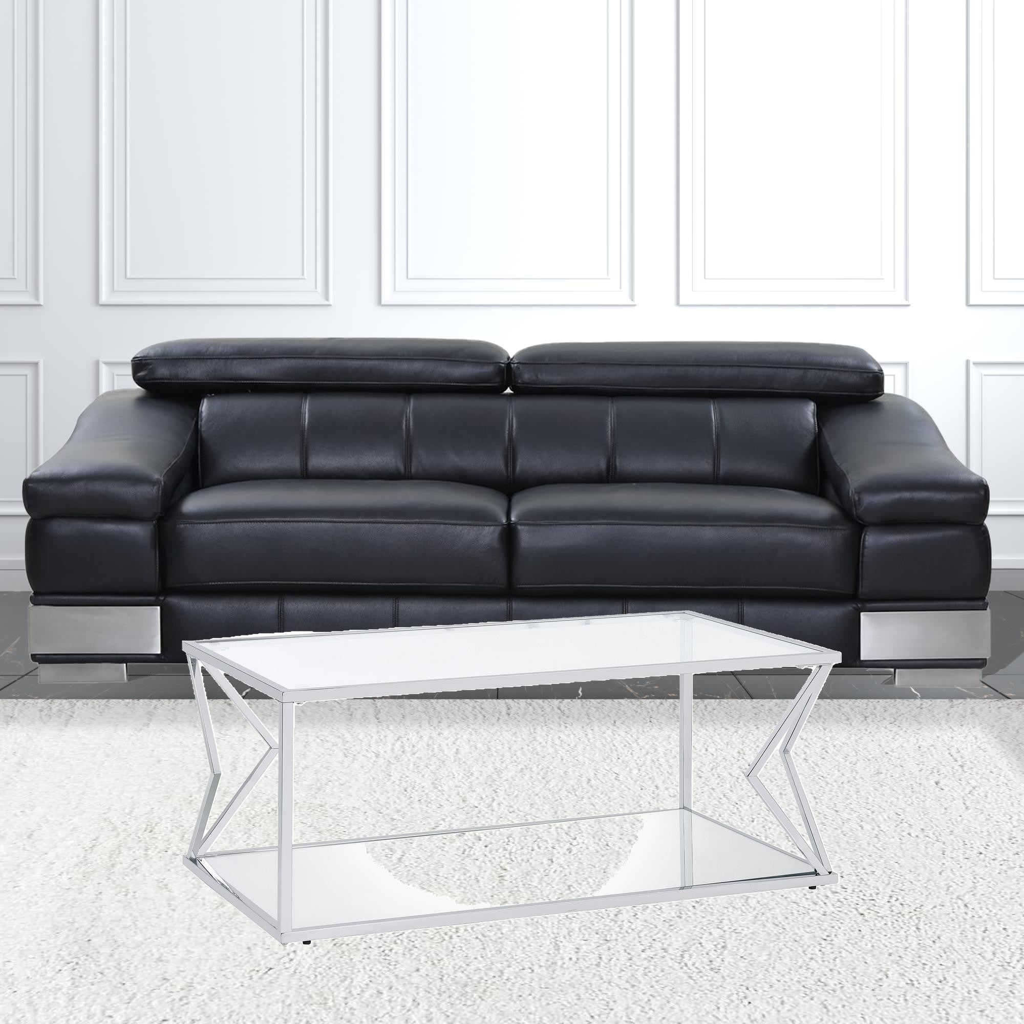 Mesa de centro rectangular de 43" de cromo y vidrio transparente con estante