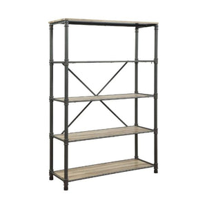 71" Antique Oak And Gray Distressed Four Tier Bookcase