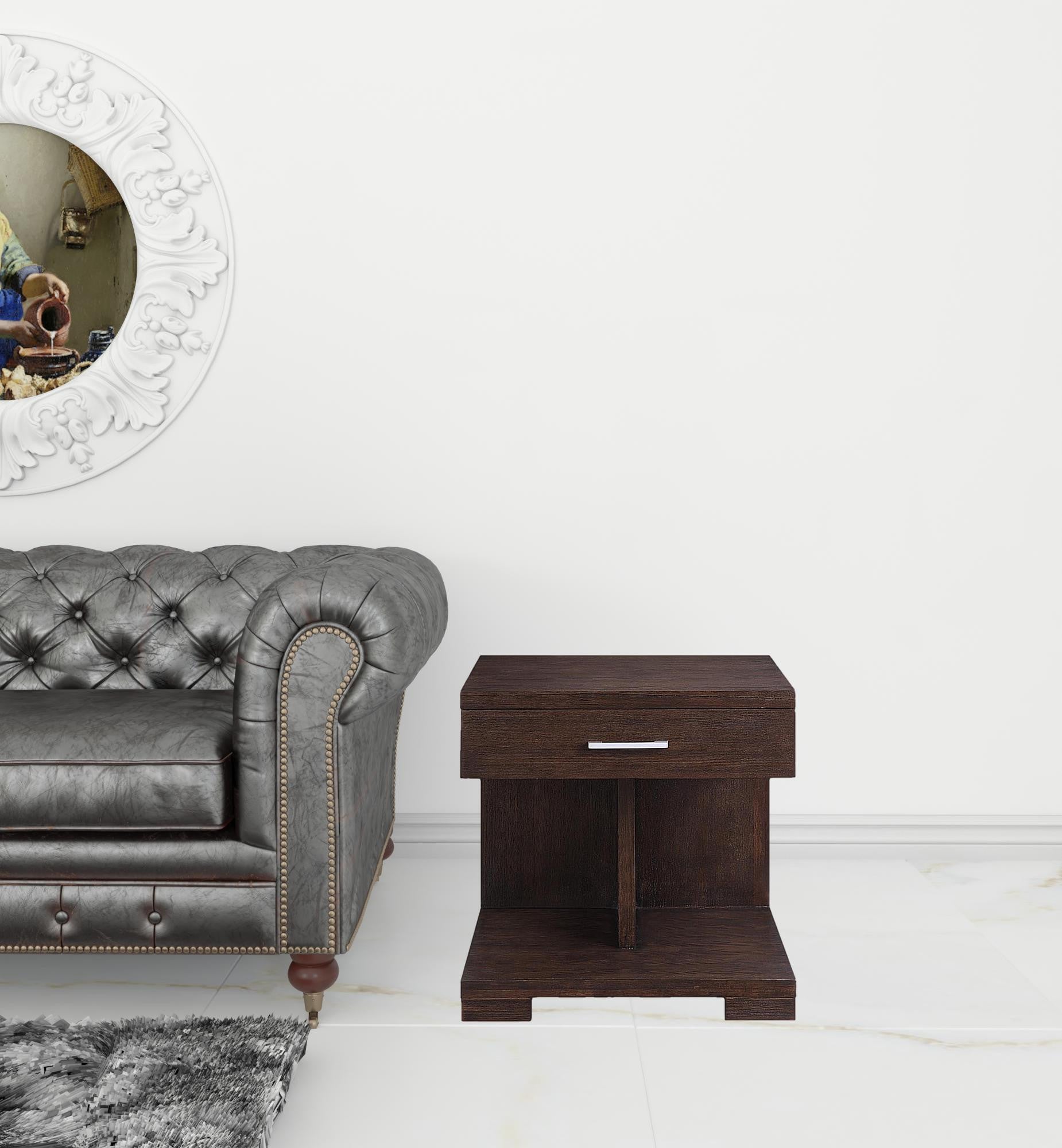 Mesa auxiliar cuadrada de madera de nogal de 24" con cajón y estante