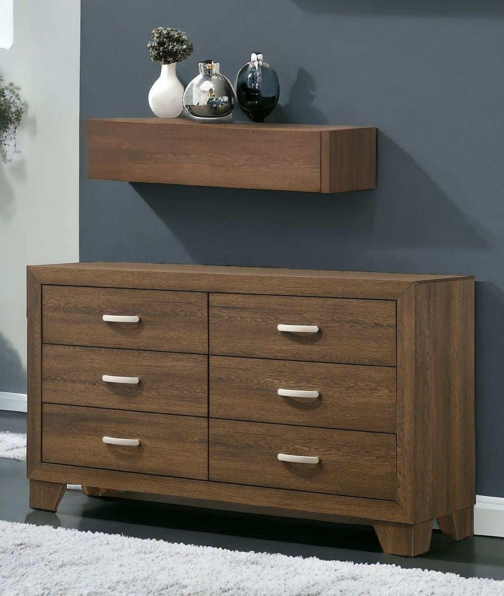 59" Oak Manufactured Wood Six Drawer Double Dresser