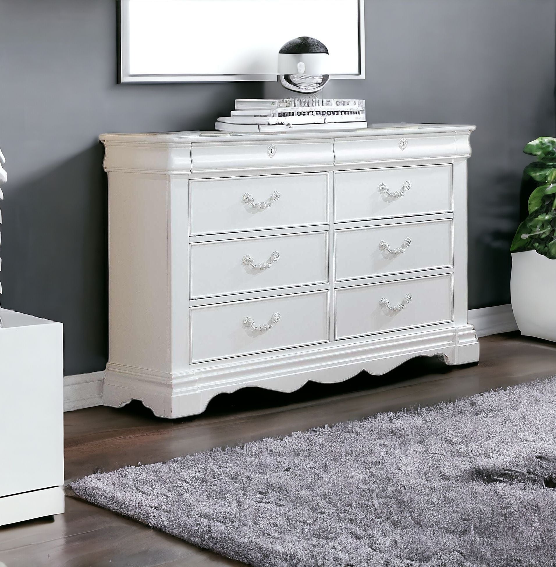 56" White Solid Wood Vintage Style Eight Drawer Double Dresser