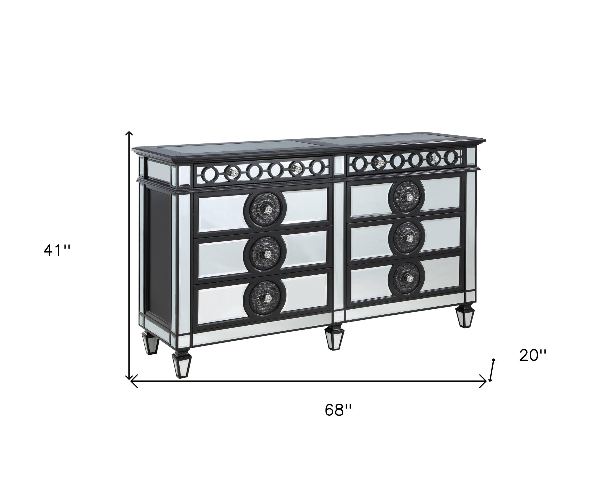 Black And Sliver Solid Wood Mirrored Six Drawer Double Dresser 68"
