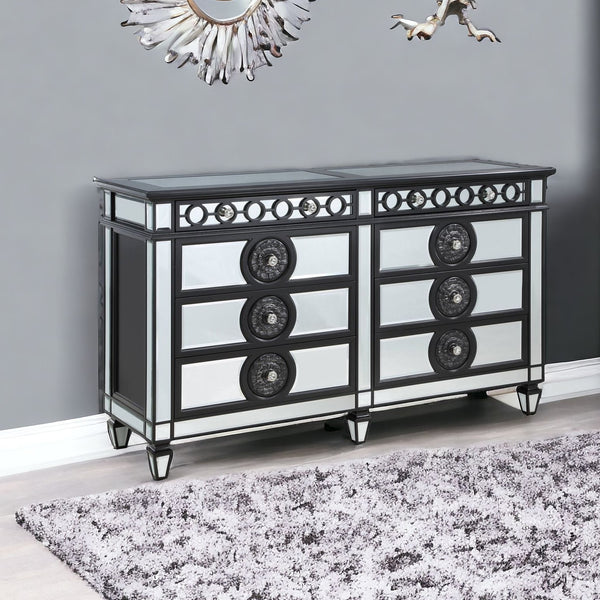 Black And Sliver Solid Wood Mirrored Six Drawer Double Dresser 68"