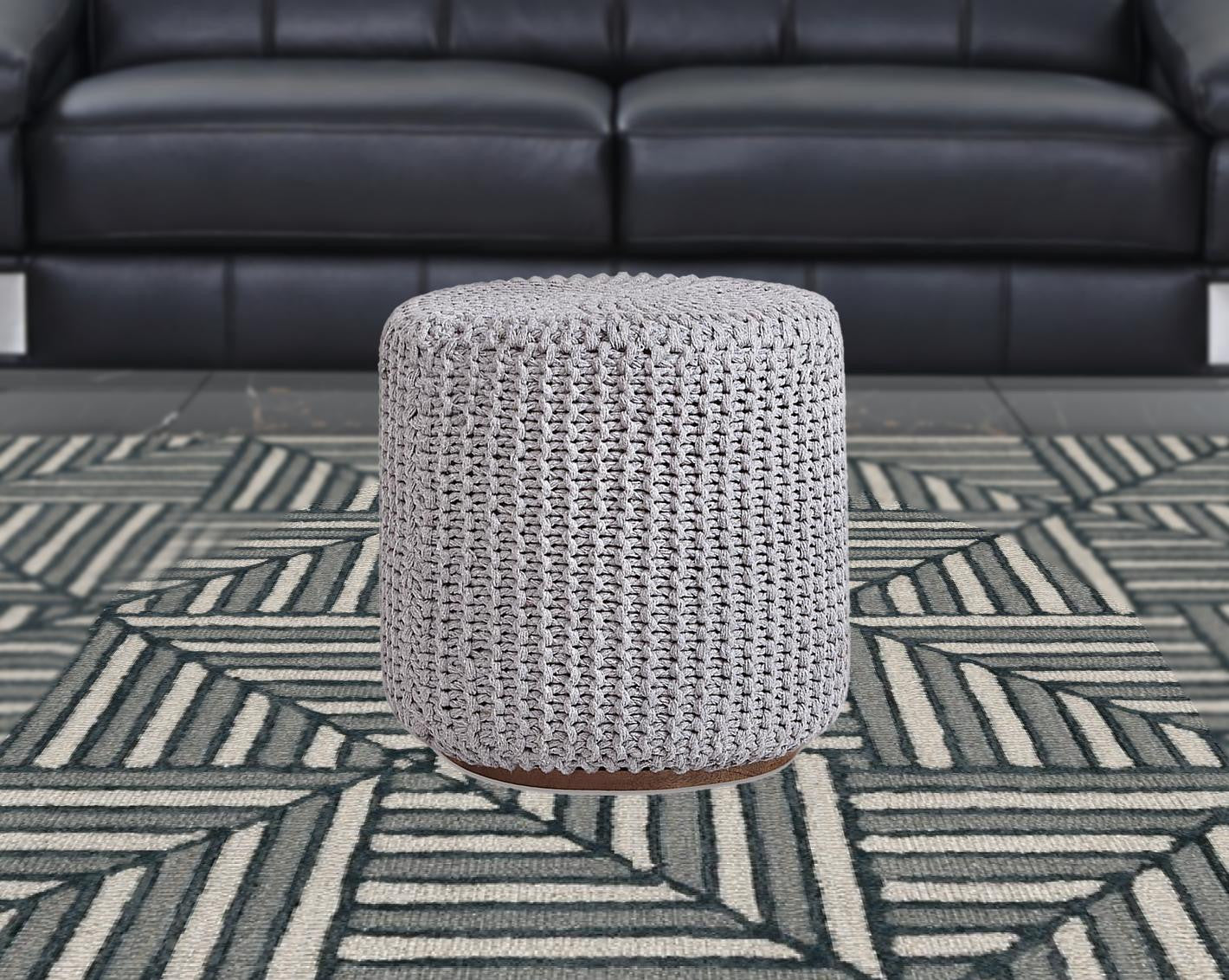 16" Light Grey Cotton Blend With Brown Round Pouf Ottoman