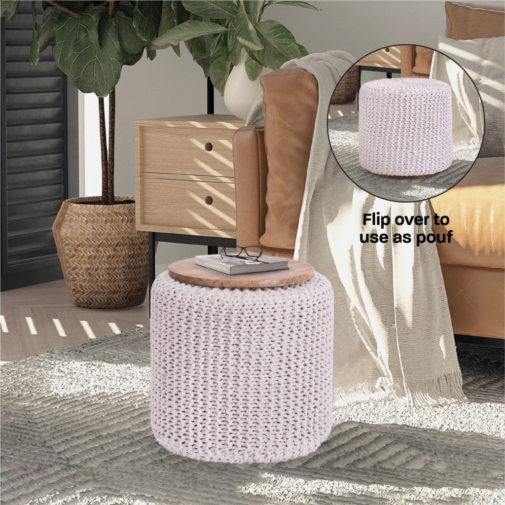 16" White Cotton Blend With Brown Round Pouf Ottoman