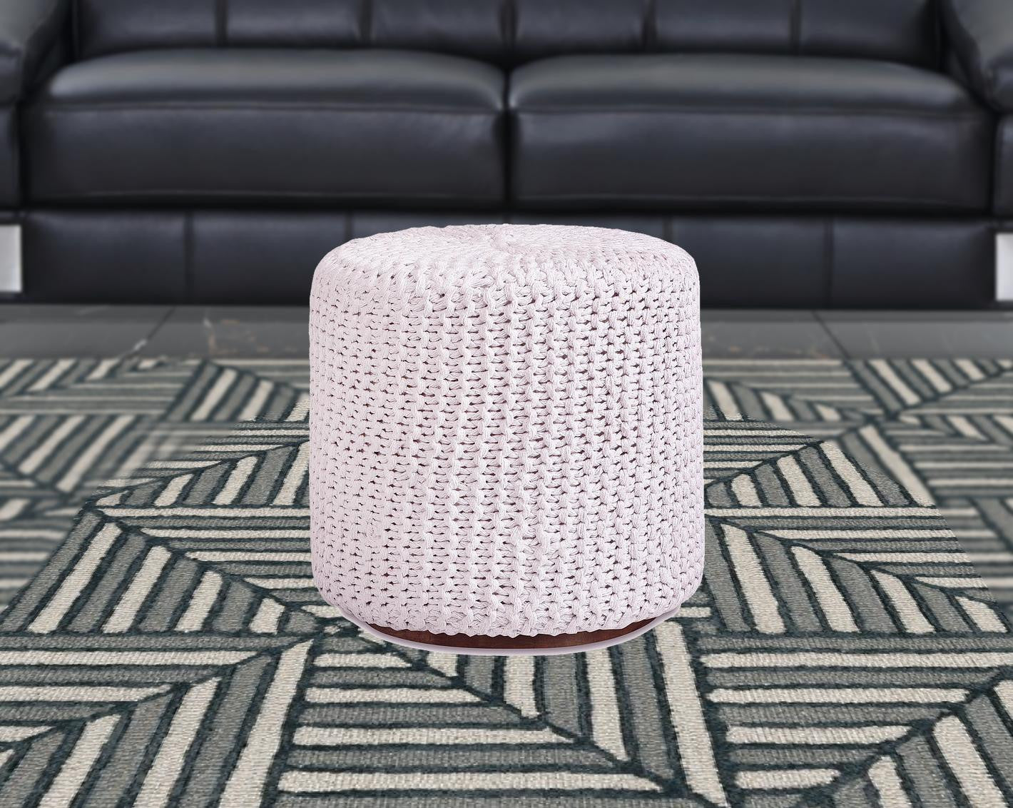 16" White Cotton Blend With Brown Round Pouf Ottoman