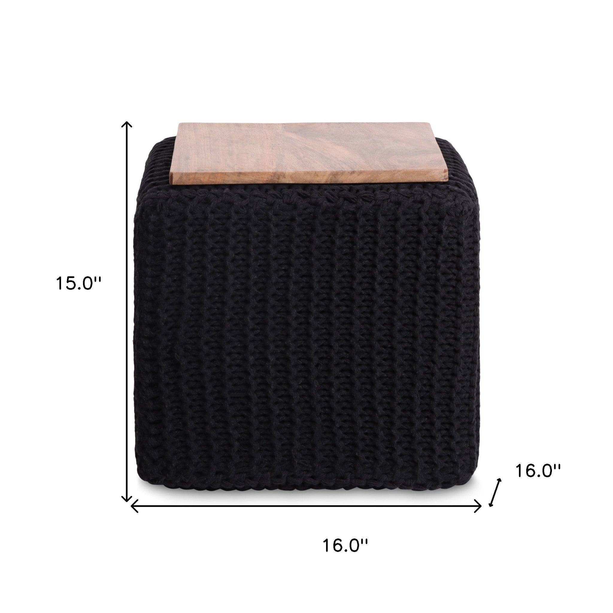 16" Black Cotton Blend Pouf Cube Ottoman