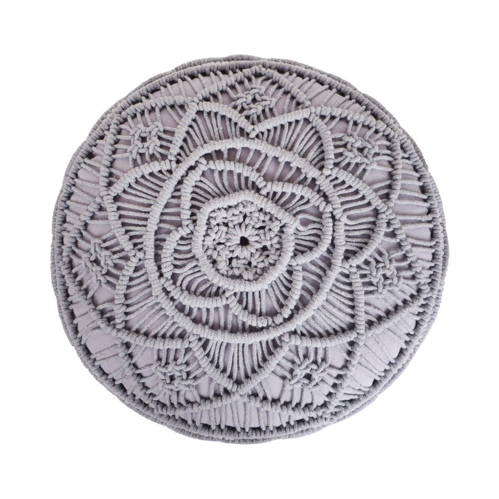 18" Light Grey Cotton Blend Round Pouf Floral Ottoman
