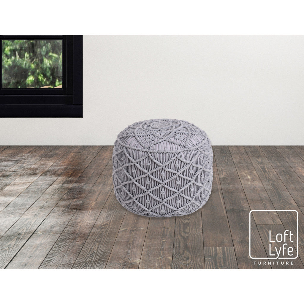 18" Light Grey Cotton Blend Round Pouf Floral Ottoman