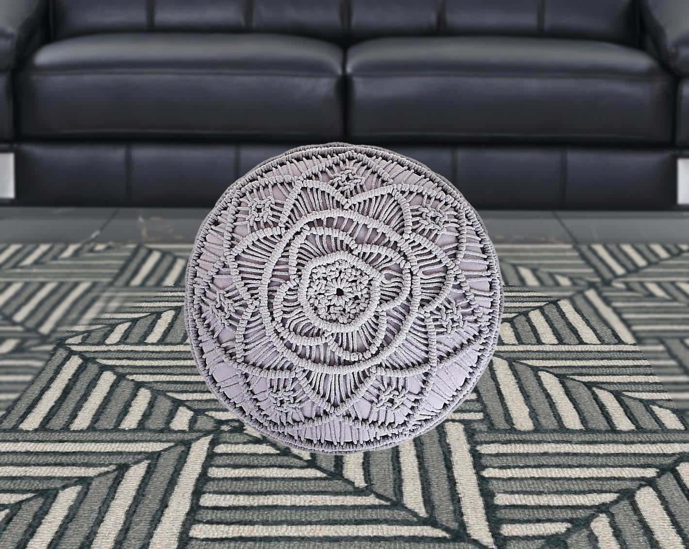 18" Light Grey Cotton Blend Round Pouf Floral Ottoman