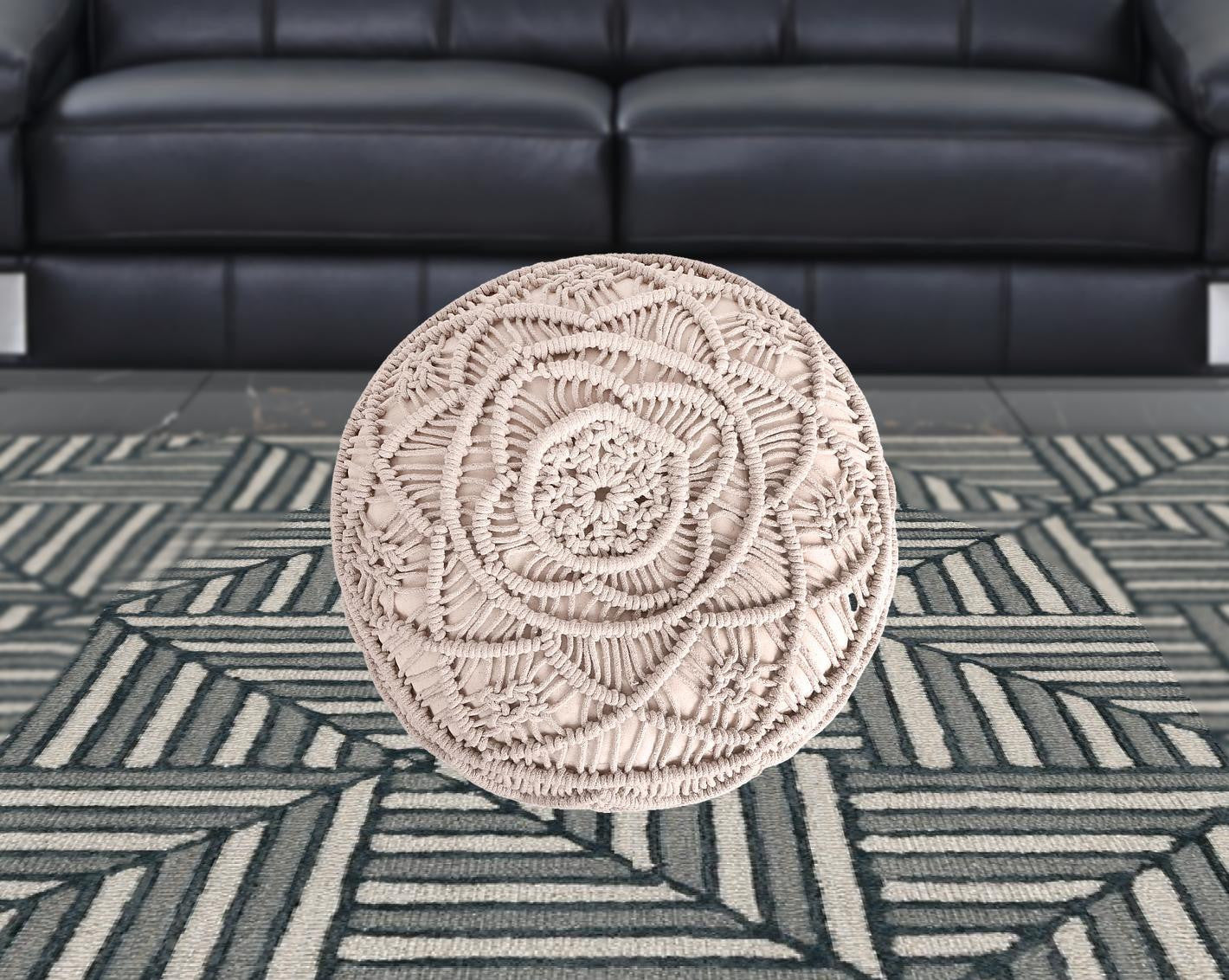 18" Ivory Cotton Blend Round Pouf Floral Ottoman
