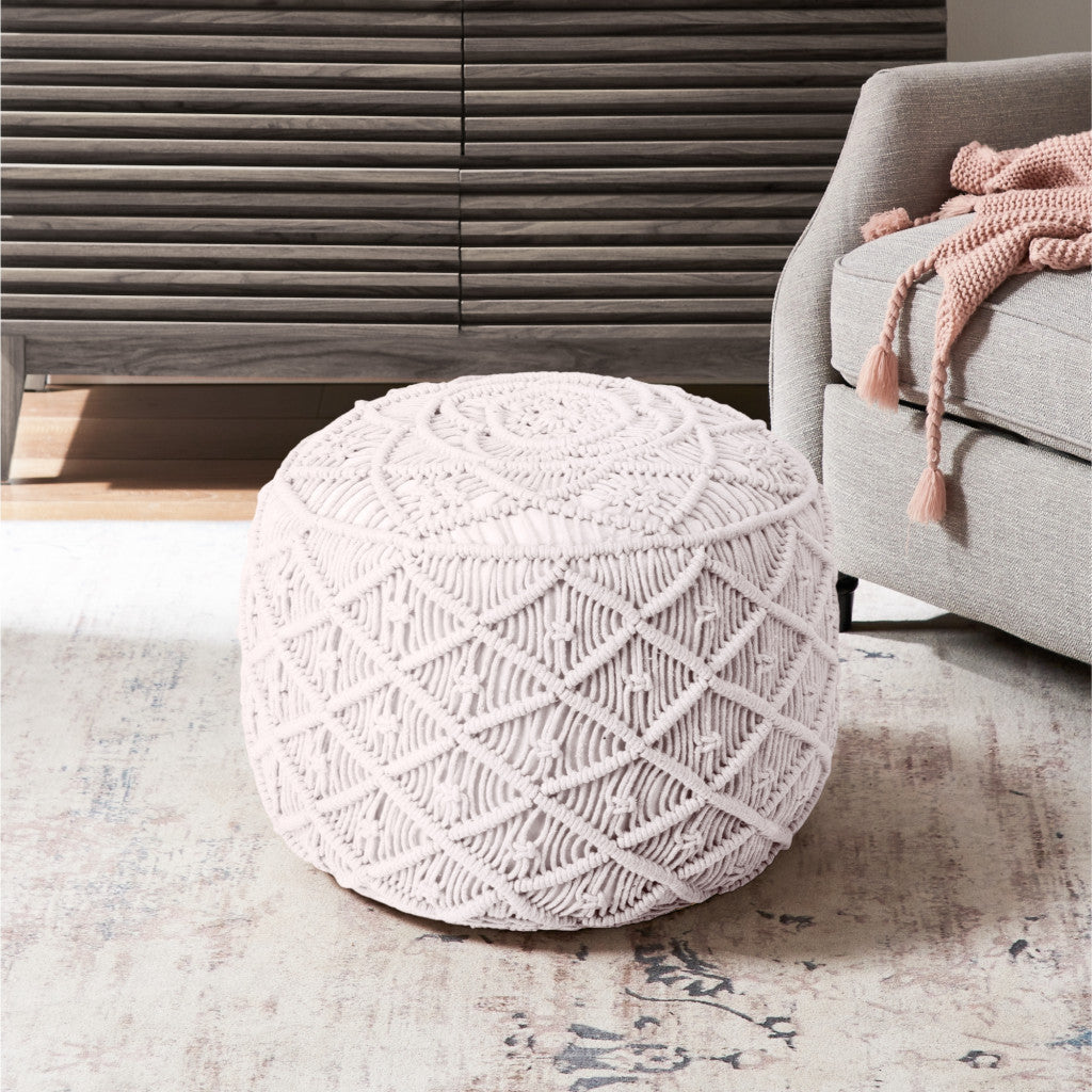 18" White Cotton Blend Round Pouf Floral Ottoman