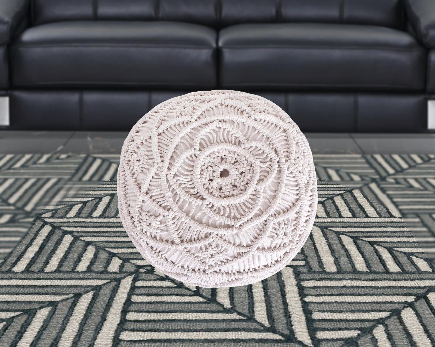 18" White Cotton Blend Round Pouf Floral Ottoman