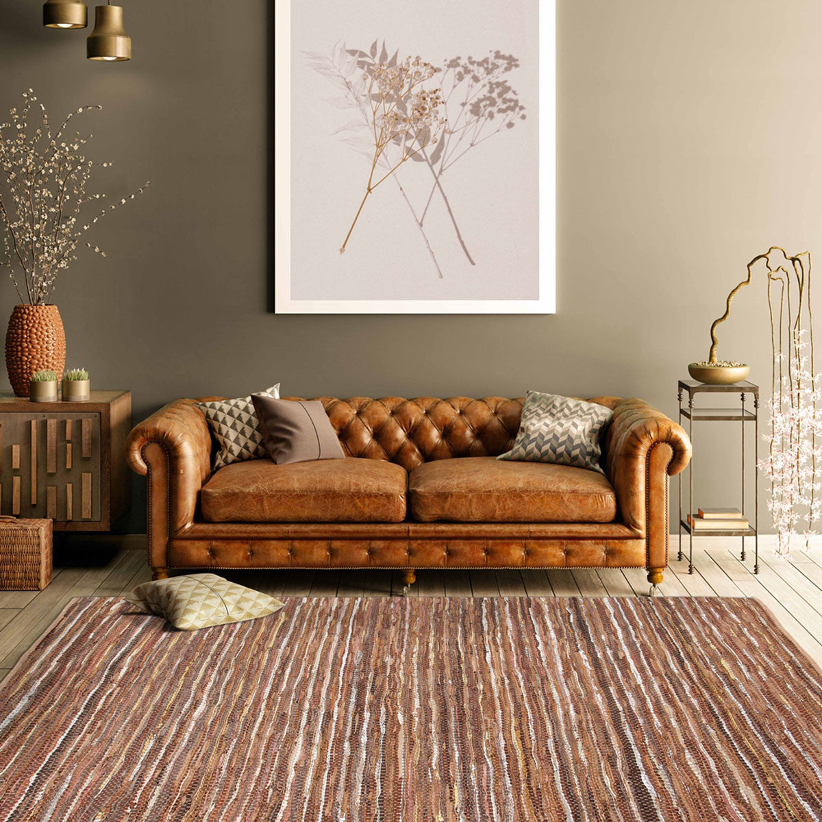 5' X 8' Rustic Earth Brown Striped Handmade Leather Blend Area Rug