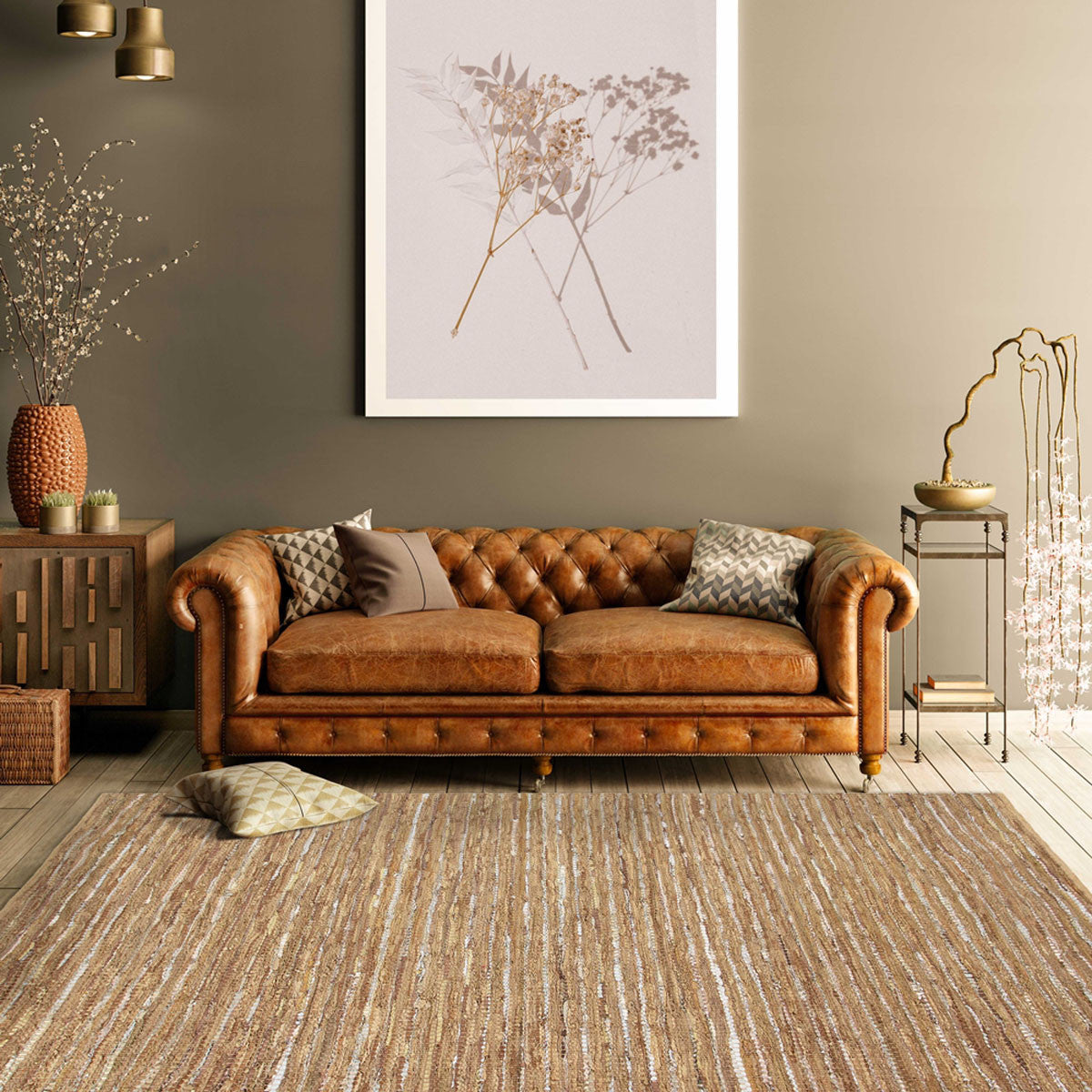 5' X 8' Camel Striped Handmade Leather Area Rug