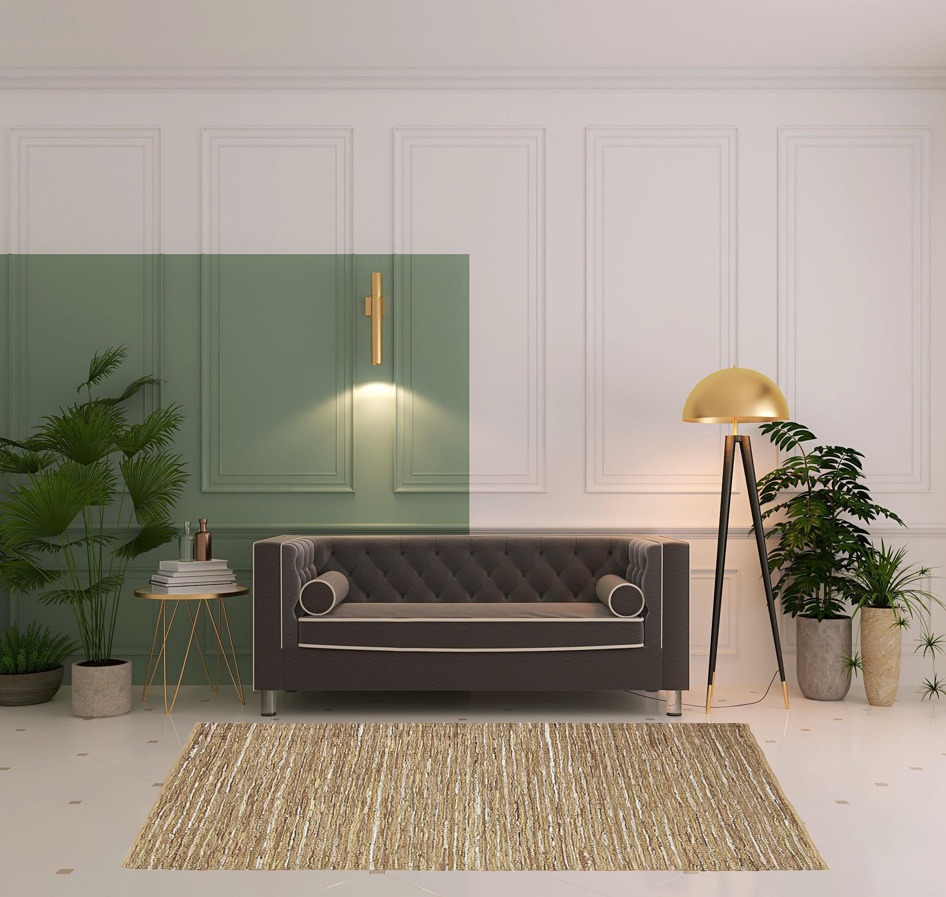 5' X 8' Camel Striped Handmade Leather Area Rug