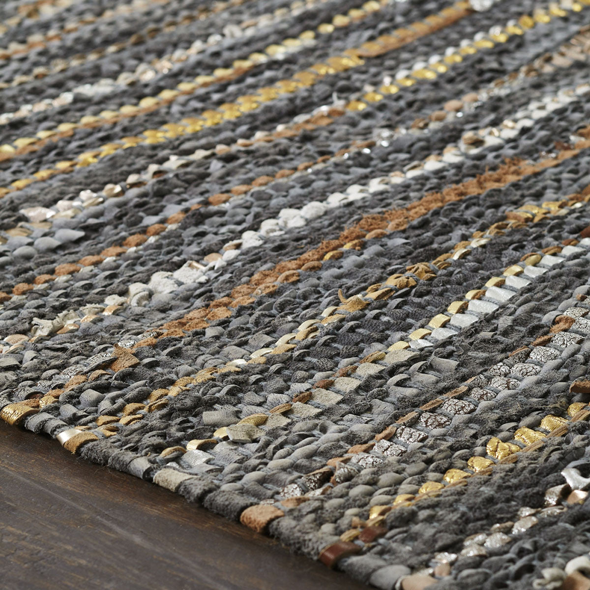 5' X 8' Steel Blue Striped Handmade Leather Area Rug