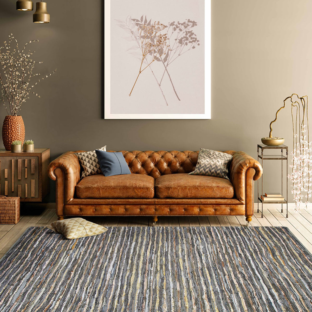 8' X 10' Dusty Grey Striped Handmade Leather Area Rug