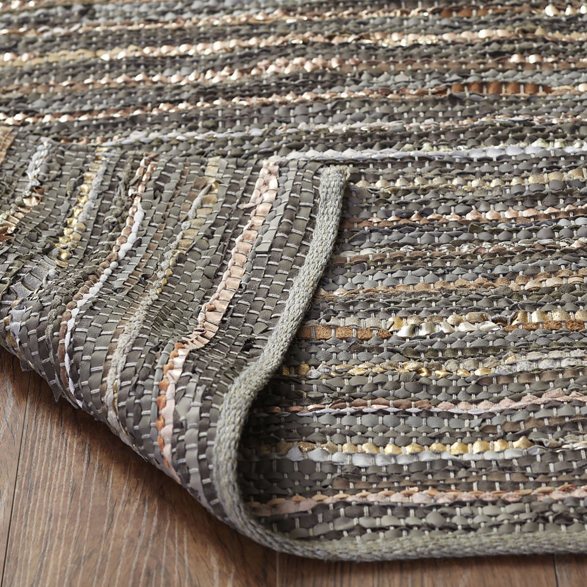 8' X 10' Dusty Grey Striped Handmade Leather Area Rug