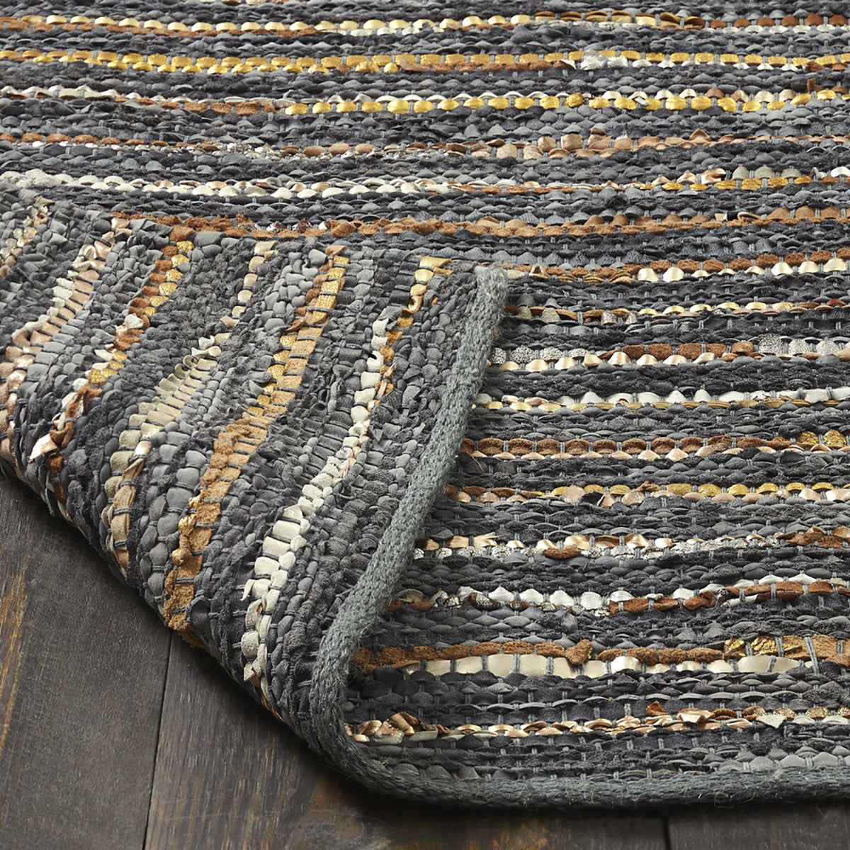 8' X 10' Steel Blue Striped Handmade Leather Area Rug