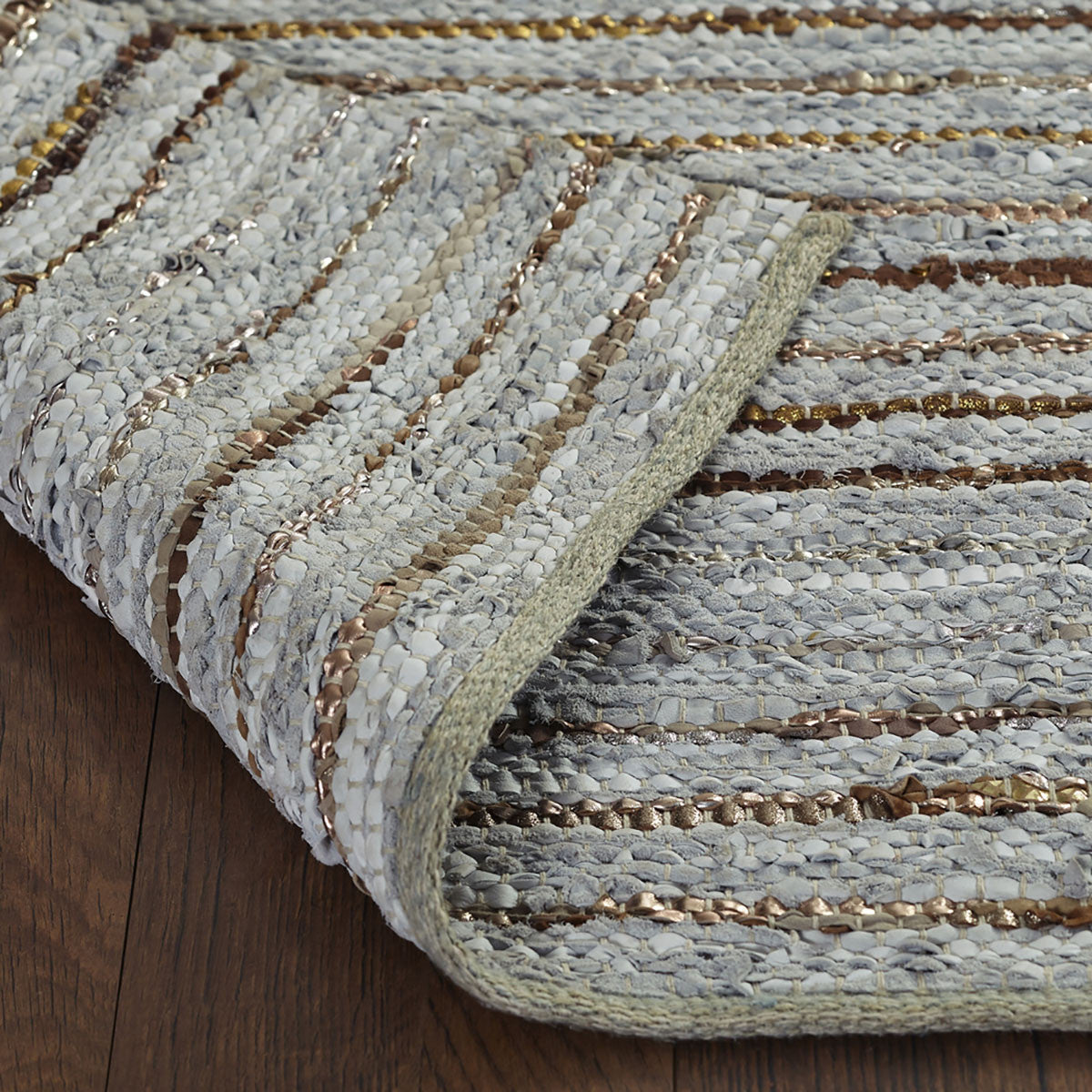 8' X 10' Smoked Grey Striped Handmade Leather Area Rug