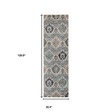 10' Runner Ivory Blue And Gray Floral Stain Resistant Runner Rug