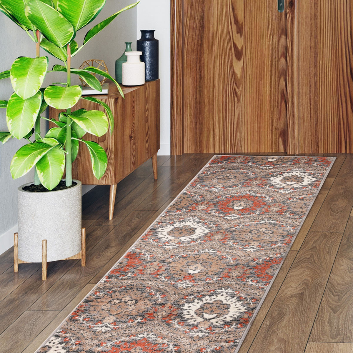 8' Runner Rust Floral Stain Resistant Runner Rug