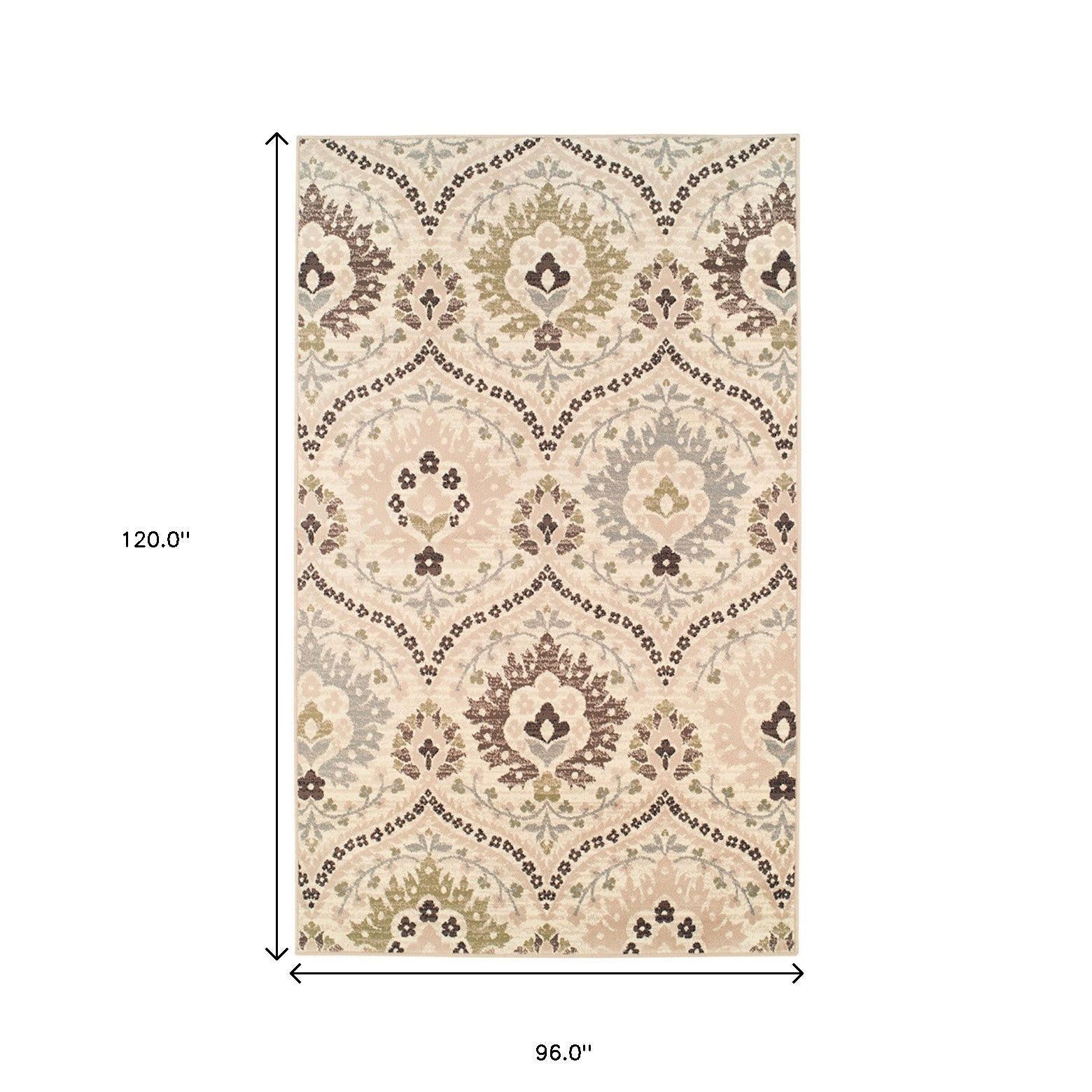 8' X 10' Ivory Gray And Olive Floral Stain Resistant Area Rug