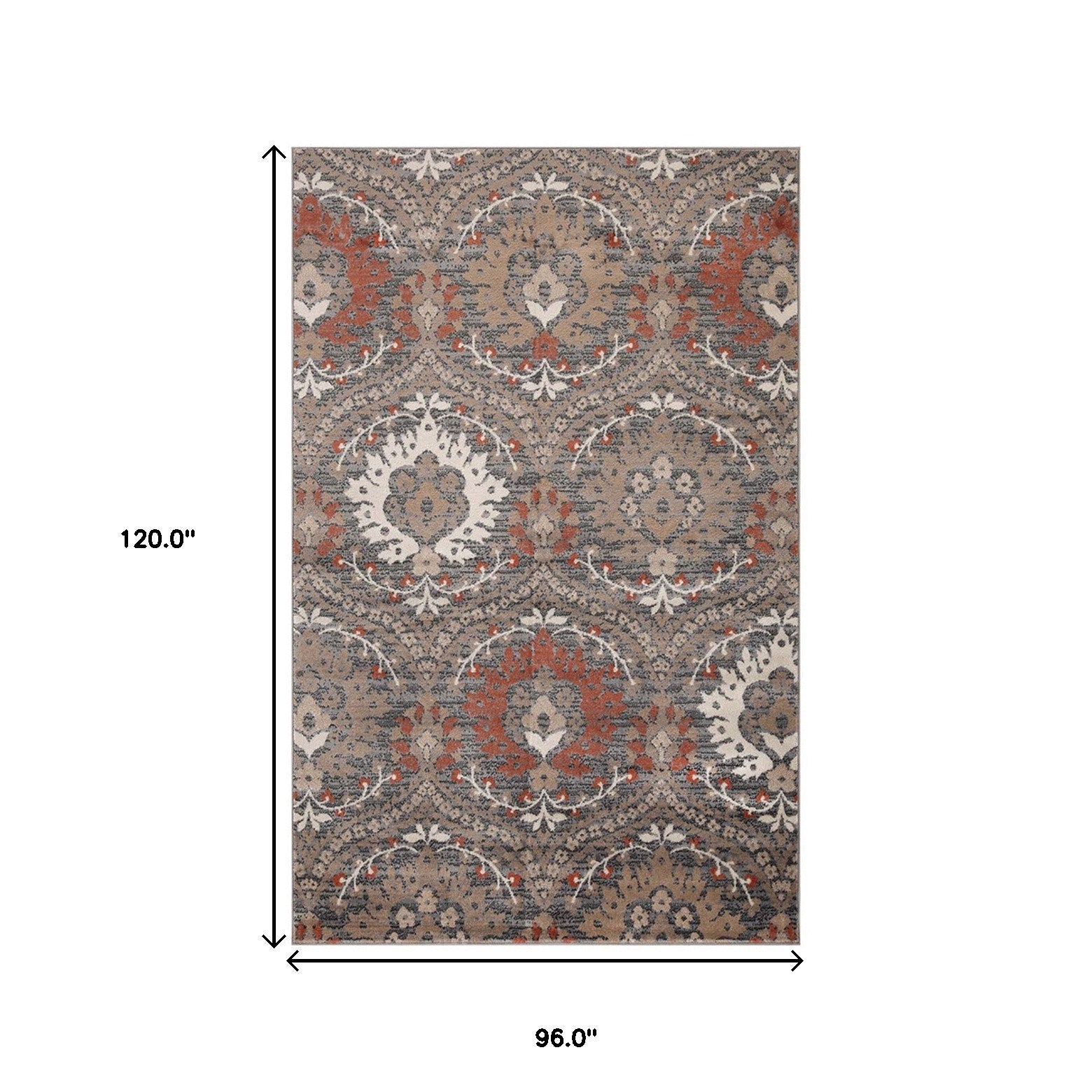 8' X 10' Rust Floral Stain Resistant Area Rug