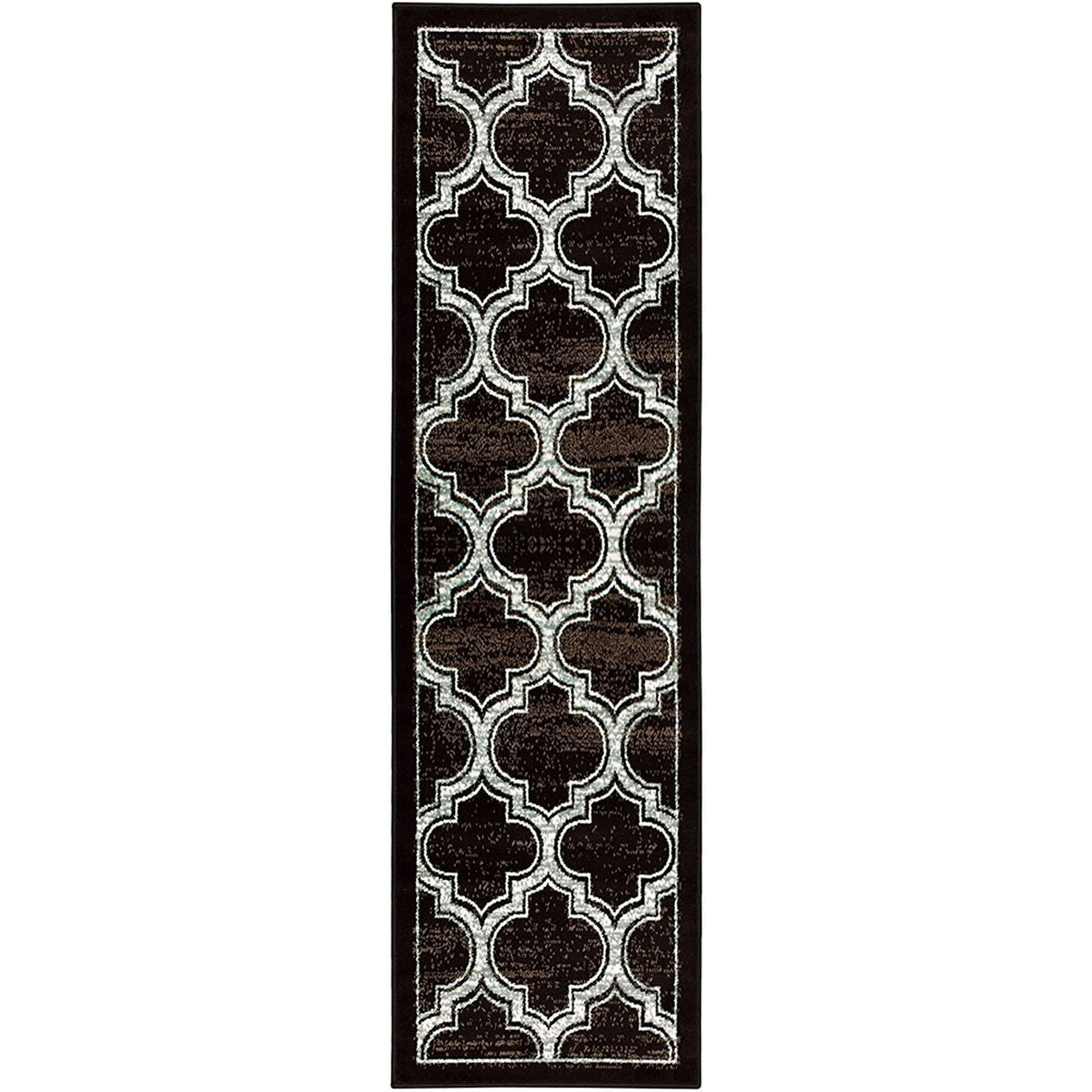 8' Black Geometric Stain Resistant Runner Rug