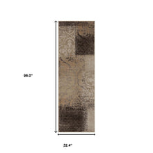8' Beige Gray And Black Damask Distressed Stain Resistant Runner Rug
