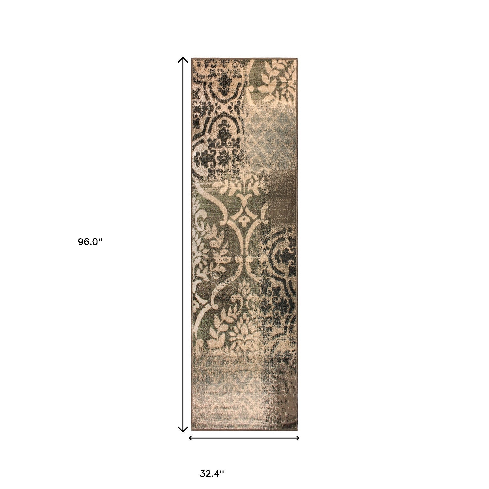 8' Ivory Light Blue Damask Distressed Stain Resistant Runner Rug