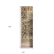 8' Ivory Light Blue Damask Distressed Stain Resistant Runner Rug
