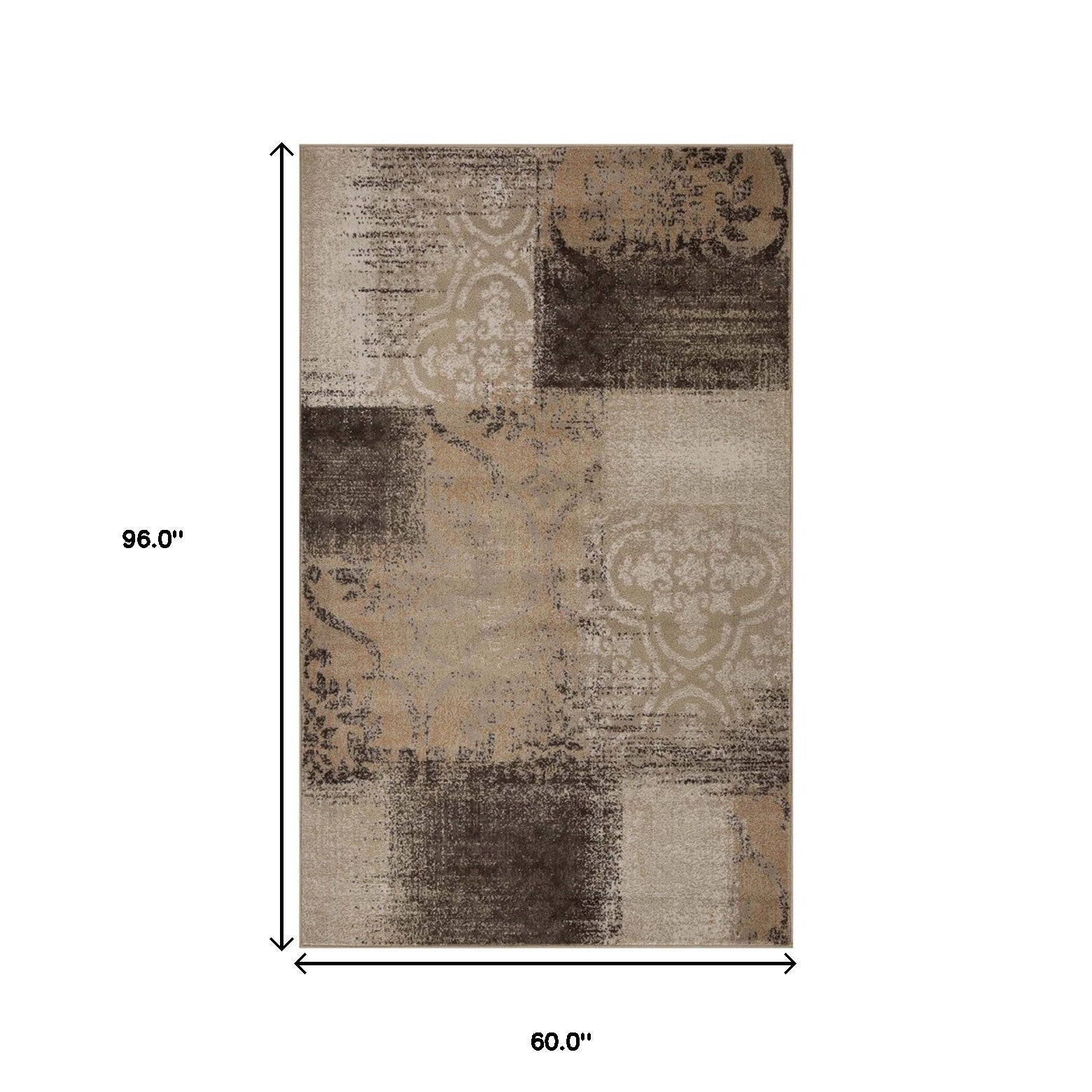5' X 8' Beige Gray And Black Damask Distressed Stain Resistant Area Rug