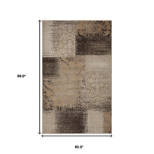 5' X 8' Beige Gray And Black Damask Distressed Stain Resistant Area Rug