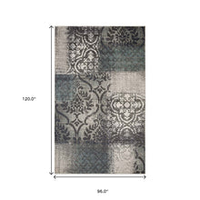8' X 10' Teal And Gray Damask Distressed Stain Resistant Area Rug