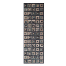 8' Color Block Beige And Teal Checkered Stain Resistant Runner Rug