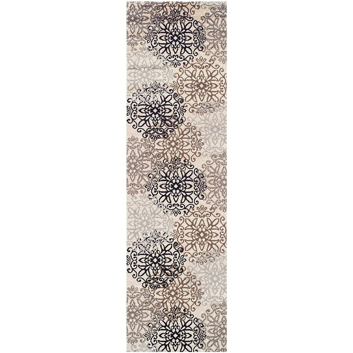 Tan Gray And Black Floral Medallion Stain Resistant Runner Rug 11'