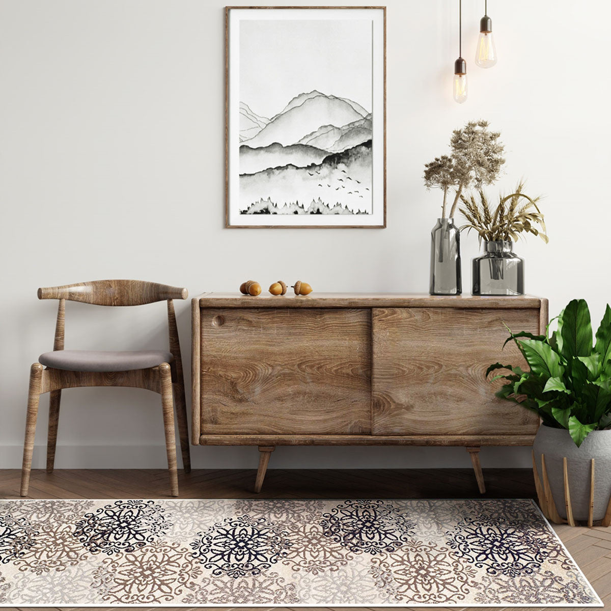 Tan Gray And Black Floral Medallion Stain Resistant Runner Rug 11'